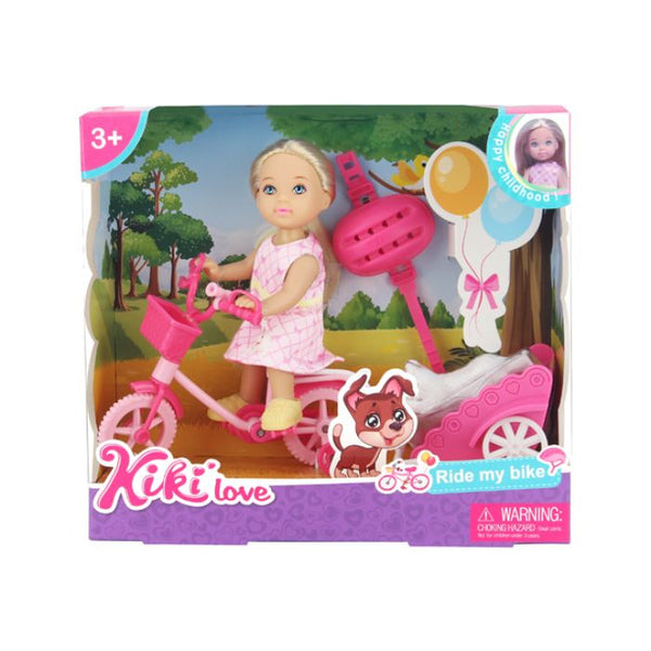 Kiki Love - Dukke m/cykel, hund og anhænger - 11 cm.